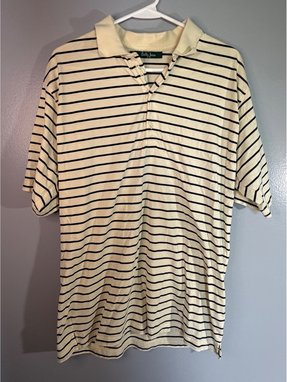 Bobby Jones Men's Medium Ivory and Black Striped Polo Shirt 100% Peruvian Pima